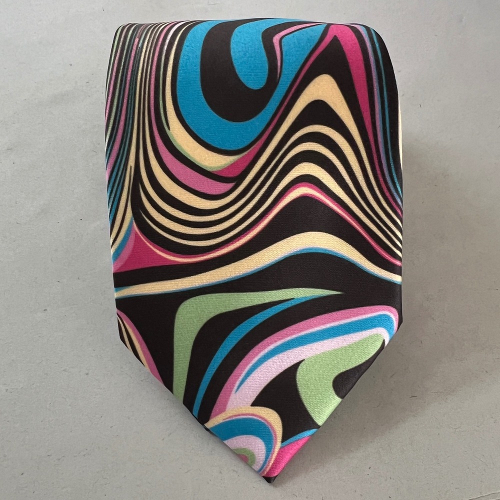 Barry Wang Abstract Psychedelic Themed Bold Color 100% Silk Tie w/ Pocket Square